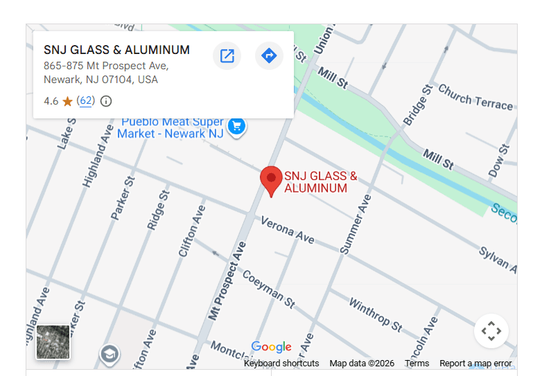 Map showing the SNJ Glass workshop in Newark, New Jersey