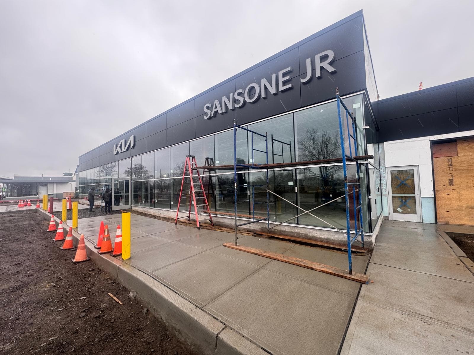 Wide view of the Kia curtain wall installation in Keyport during construction.